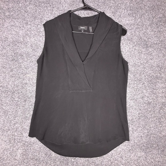 Theory Tops - Theory Black 100% Silk Shawl Collar Sleeveless V-Neck Blouse Top Medium